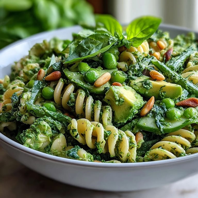 Colorful pasta salad with crisp peas, sliced cucumber, and baby spinach, all coated in a rich green goddess dressing for a fresh spring dish.