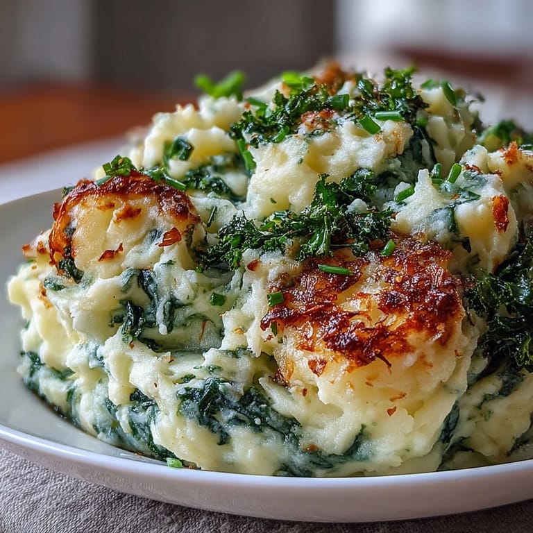 Rich and fluffy mashed potatoes blended with sautéed leeks, garnished with golden-brown crispy kale for a modern Irish classic.
