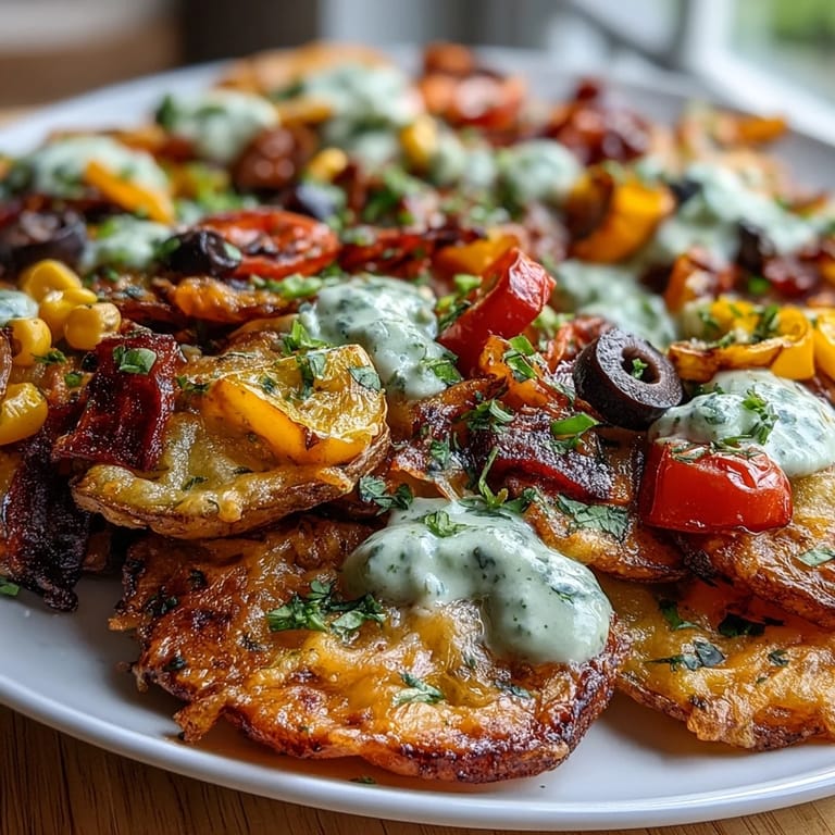 Golden roasted potato slices topped with a rainbow of fresh vegetables, gooey cheddar, and a creamy Greek yogurt ranch drizzle for a healthier nacho twist.