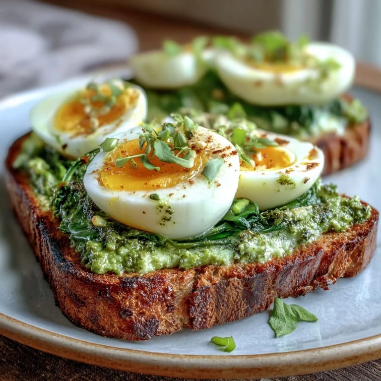 Creamy spinach pesto spread on golden sourdough toast, crowned with a jammy soft-boiled egg for a fresh breakfast.
