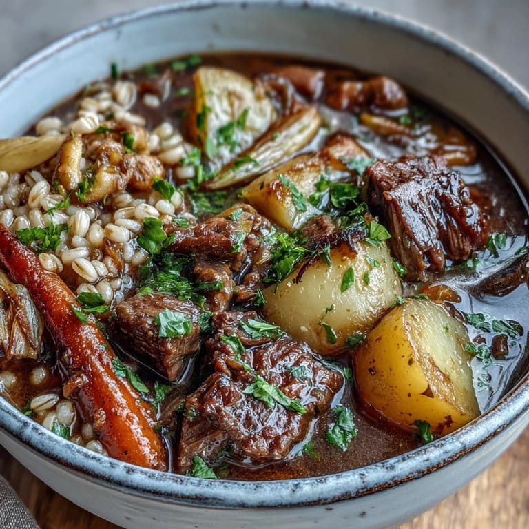 Hearty Irish-inspired beef stew featuring Guinness, barley, carrots, parsnips, and potatoes simmered to perfection in a rustic one-pot meal.
