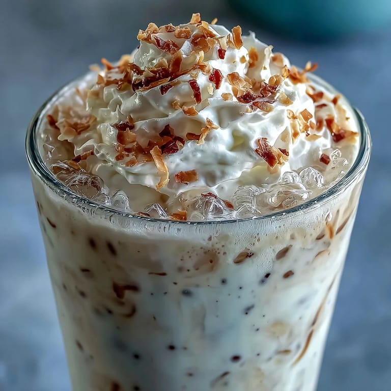 Refreshing vanilla bean coconut frappuccino mocktail with real vanilla bean seeds, served in tall glasses and topped with whipped coconut cream.