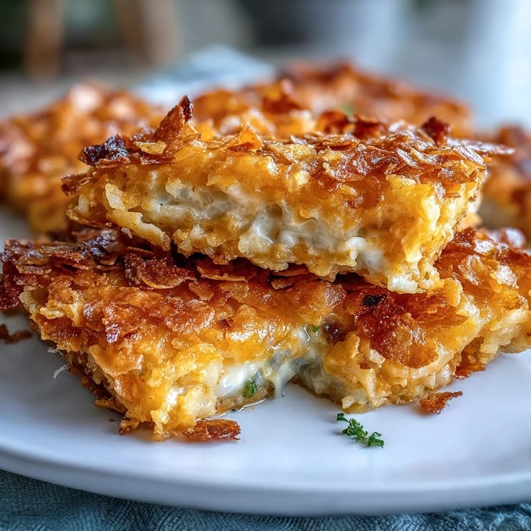 Cheesy hash brown casserole topped with crunchy cornflake and sharp cheddar crust, fresh from the oven.  