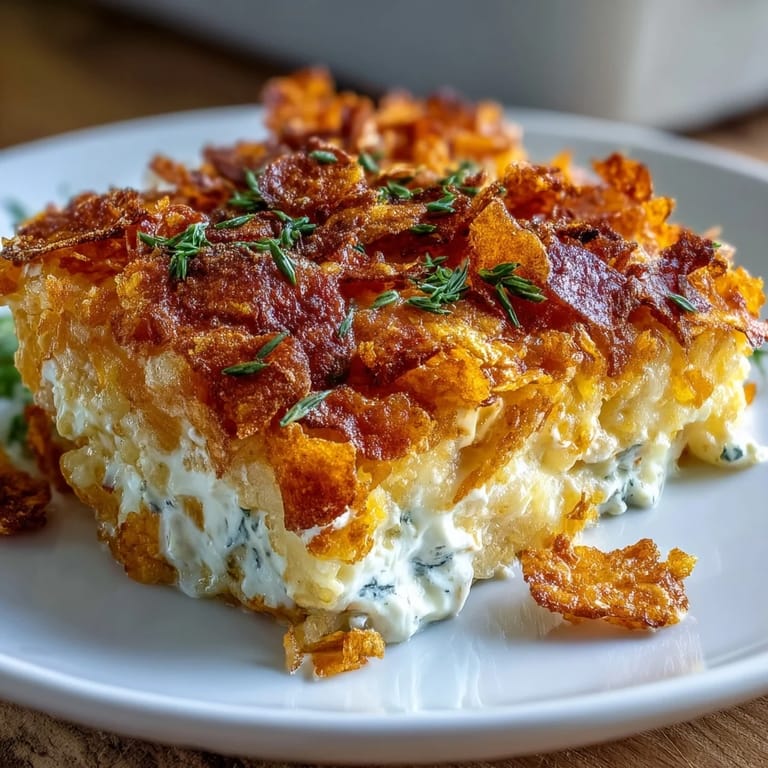 Comforting funeral potatoes casserole with creamy sauce and golden, crispy cornflake topping in baking dish.