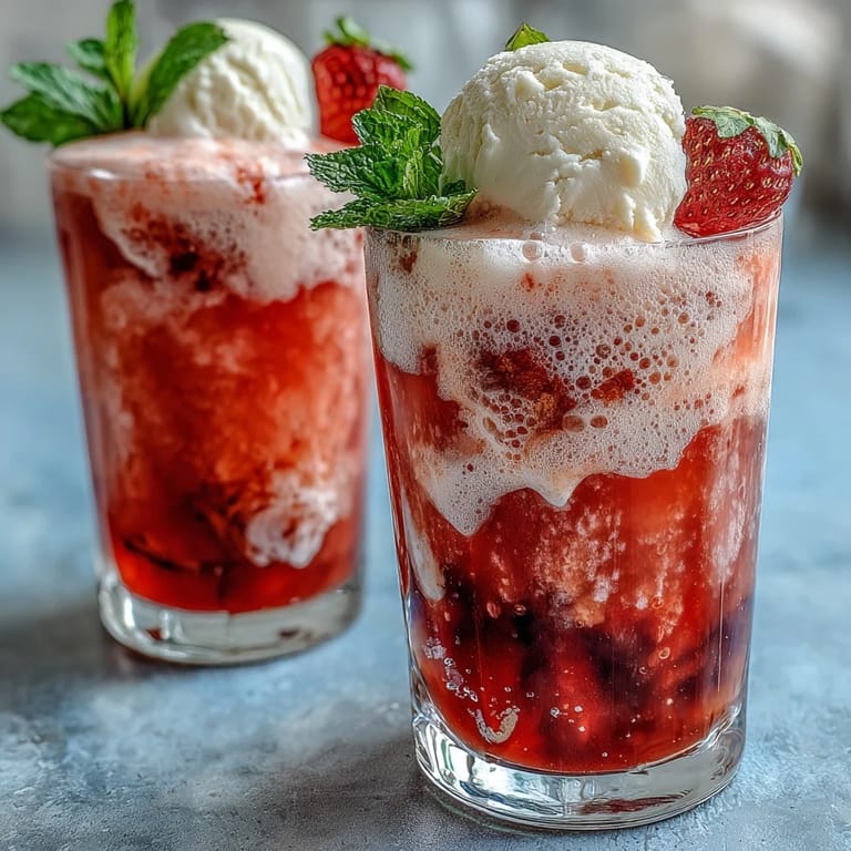 A refreshing strawberry daiquiri float dessert cocktail with sweet strawberries, zesty lime, and effervescent sparkling water, topped with fresh mint.
