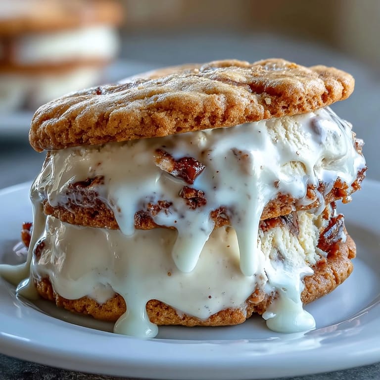 Soft coffee-infused cookies filled with rich vanilla bean ice cream, offering a refreshing twist on the popular Frappuccino drink. Perfect for warm days.  