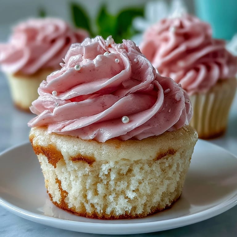 Light, airy vanilla cupcakes crowned with silky pink buttercream frosting, perfect for bridal shower dessert tables.