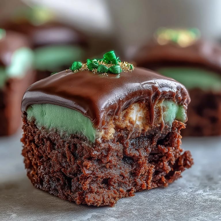 Festive brownie bites topped with chocolate-dipped marshmallows and green icing, creating charming Leprechaun Hat treats for holiday parties.