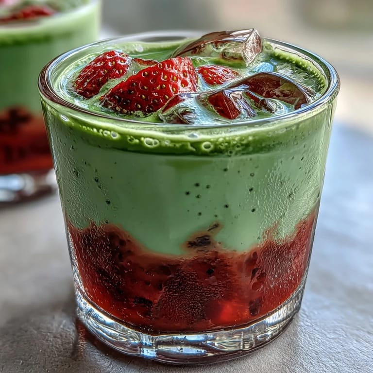 Creamy oat milk blends with sweet strawberry syrup and earthy matcha in this refreshing dairy-free latte, perfect for summer sipping.