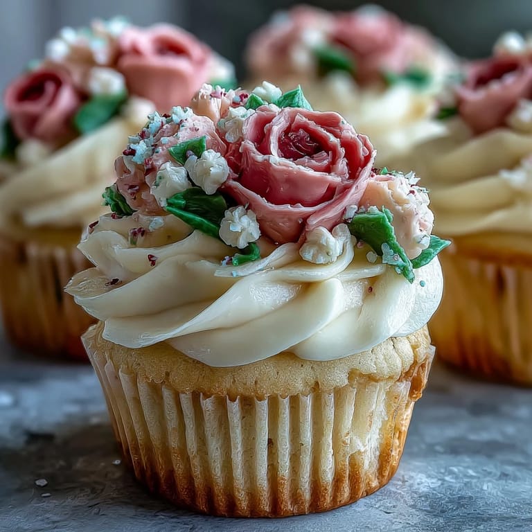Beautifully piped buttercream blooms in soft pinks, yellows, and purples top these fluffy vanilla cupcakes for a charming dessert.  