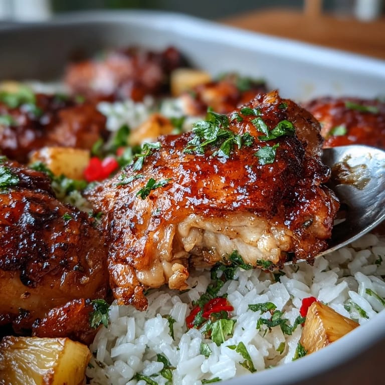 A colorful, oven-baked pineapple chicken and rice dish featuring tender thighs, fluffy rice, and sweet-savory sauce—perfect for weeknights.