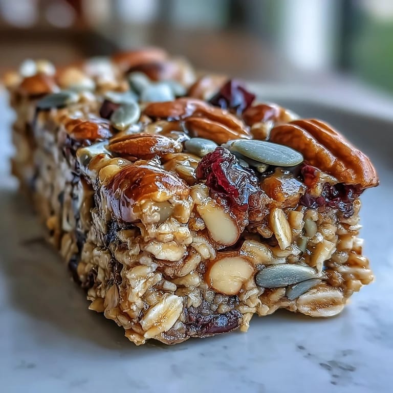 Golden-baked trail mix bars featuring oats, honey, and a medley of nuts and dried fruit, perfect for on-the-go energy.  