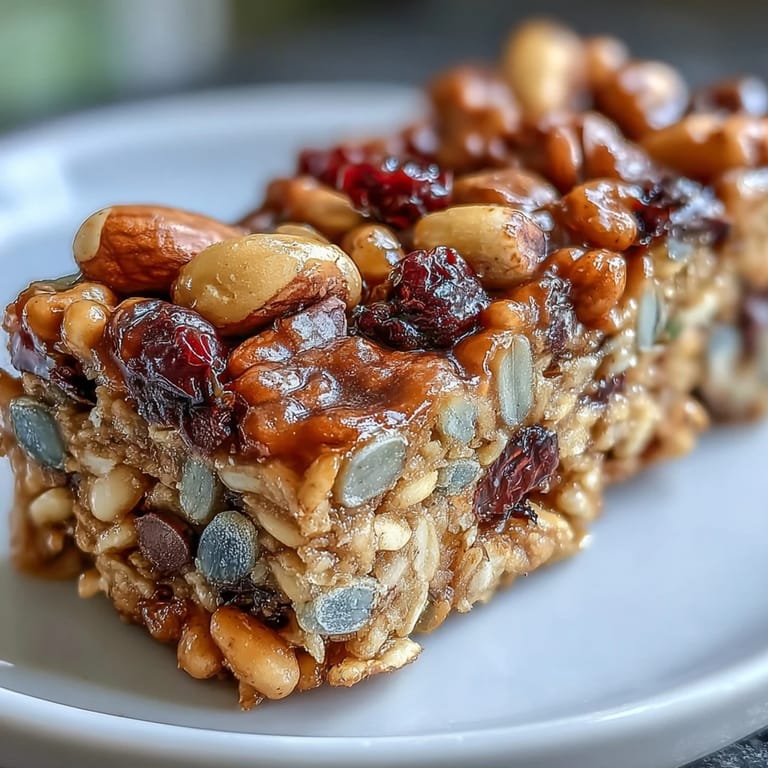 Wholesome trail mix bars made with oats, honey, nuts, and seeds, offering a chewy, satisfying bite every time.
