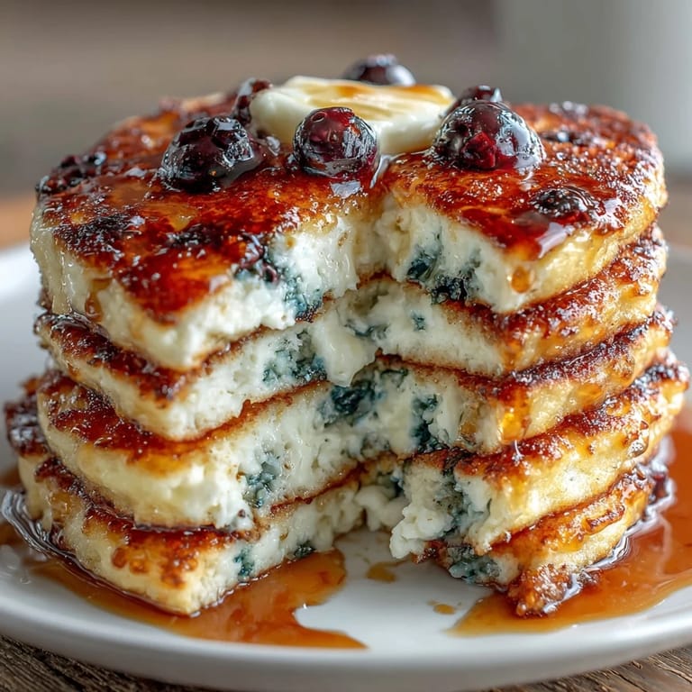 Golden-brown cottage cheese pancakes topped with fresh blueberries, perfect for a protein-packed morning meal.