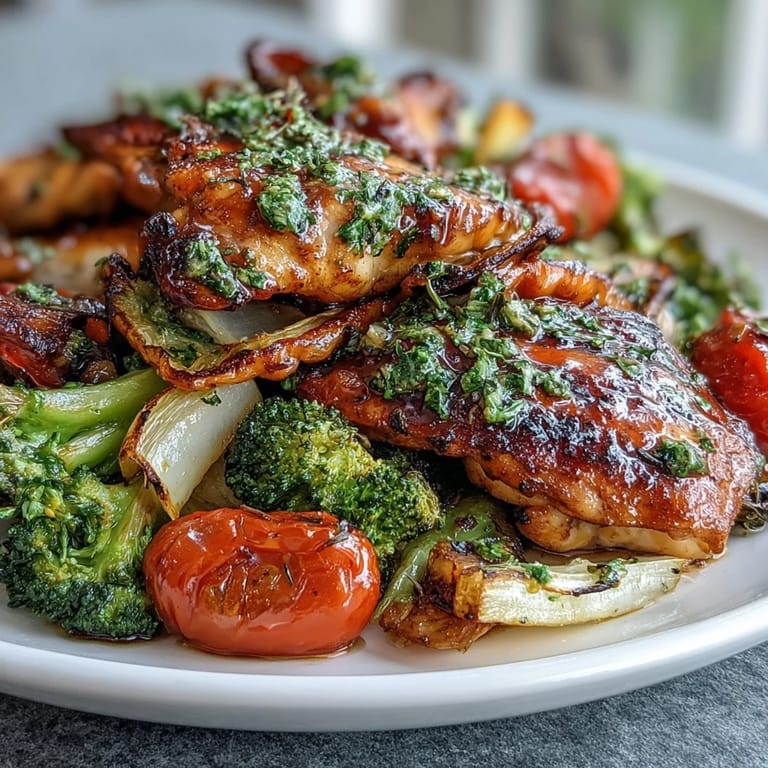 A close-up shot of the finished lemon chicken bake, showing roasted cherry tomatoes and golden-brown chicken with fresh herbs.