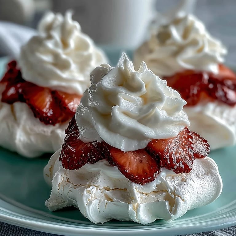 Mini pavlovas topped with fresh strawberries and whipped cream, a light and elegant dessert for any occasion.  