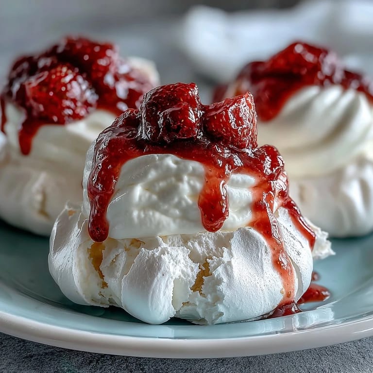 Sweet, crisp meringue shells crowned with vanilla whipped cream and juicy strawberries, ideal for festive gatherings.