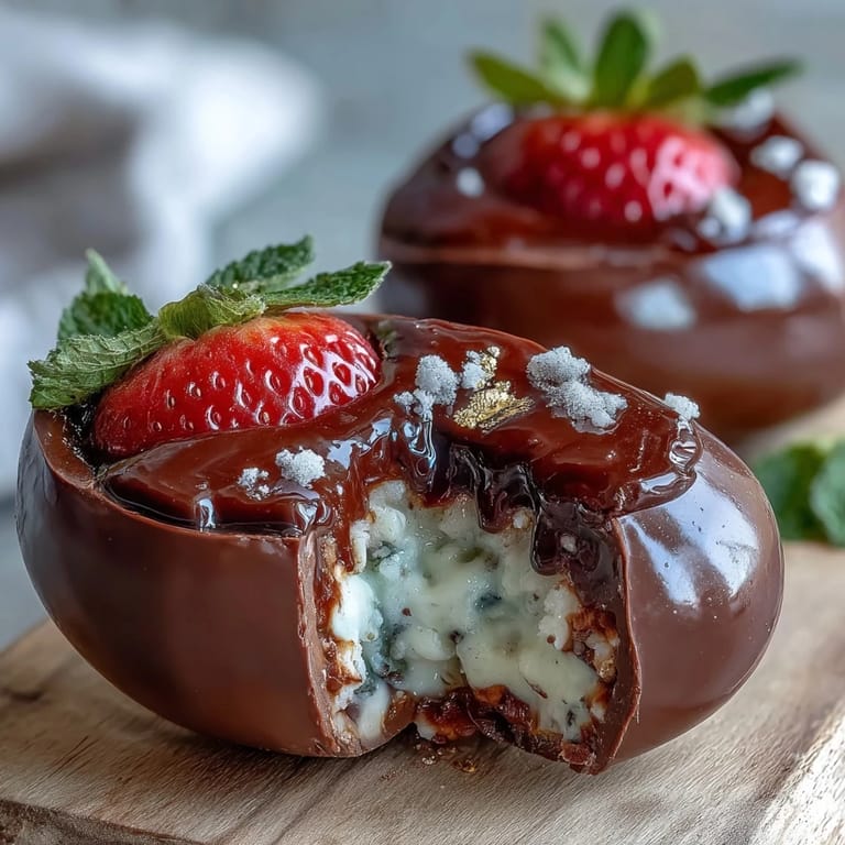 Luxury Easter chocolate eggs with vibrant strawberry shell, crunchy nut filling, and delicate gold leaf accents for a special dessert.