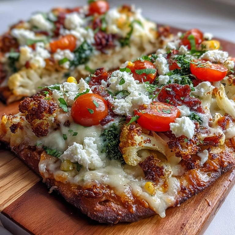 Healthy St. Patrick's Day Rainbow Veggie Flatbread Pizza topped with mozzarella, feta, and a spectrum of crisp vegetables.
