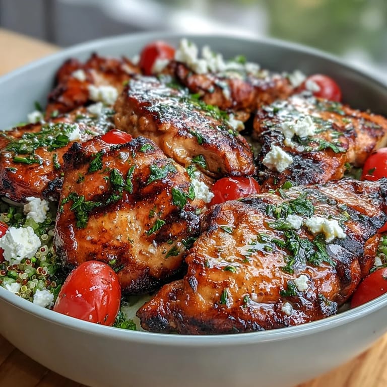 Zesty lemon vinaigrette drizzled over grilled chicken, cherry tomatoes, cucumber, and feta in a nutritious quinoa veggie bowl. Bright and satisfying.  