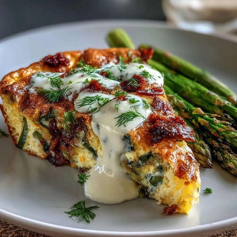 Golden frittata slice topped with vibrant asparagus and tangy goat cheese, ideal for a springtime brunch spread.  
