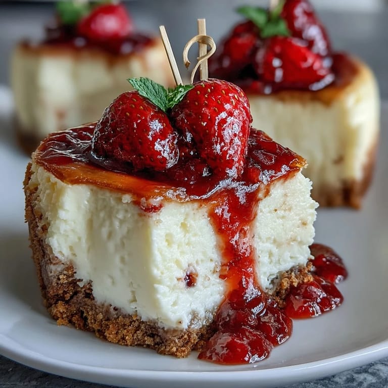 Smooth, rich cheesecake bites on a crisp graham cracker crust, crowned with fresh fruit and diploma picks for a fun graduation party dessert.