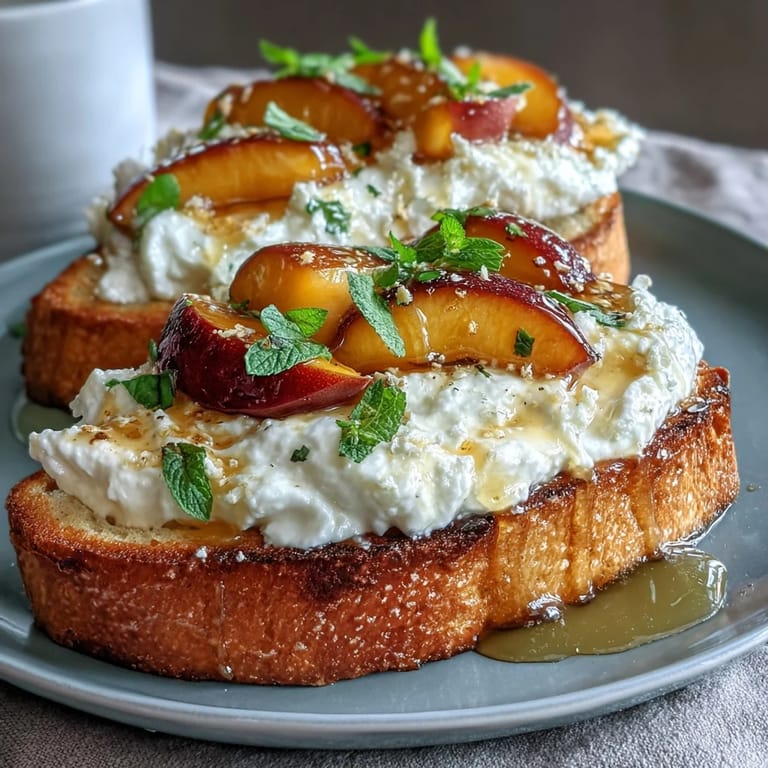 Vibrant Honey Peach Burrata Toast topped with ripe peaches, torn burrata, and a honey drizzle, garnished with fresh basil and flaky sea salt.