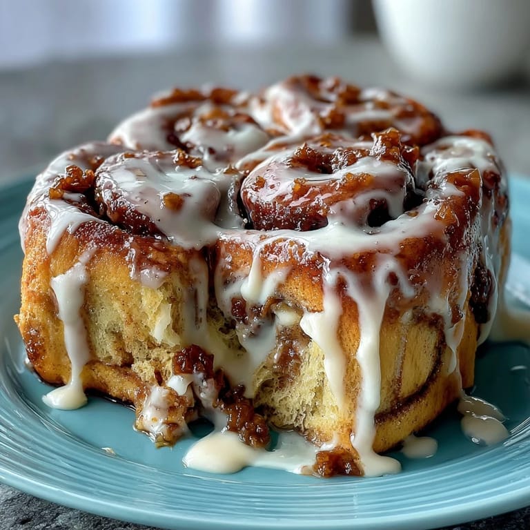A close-up shot of the finished Cinnamon Roll Pancake Casserole showing the golden crust and white glaze.