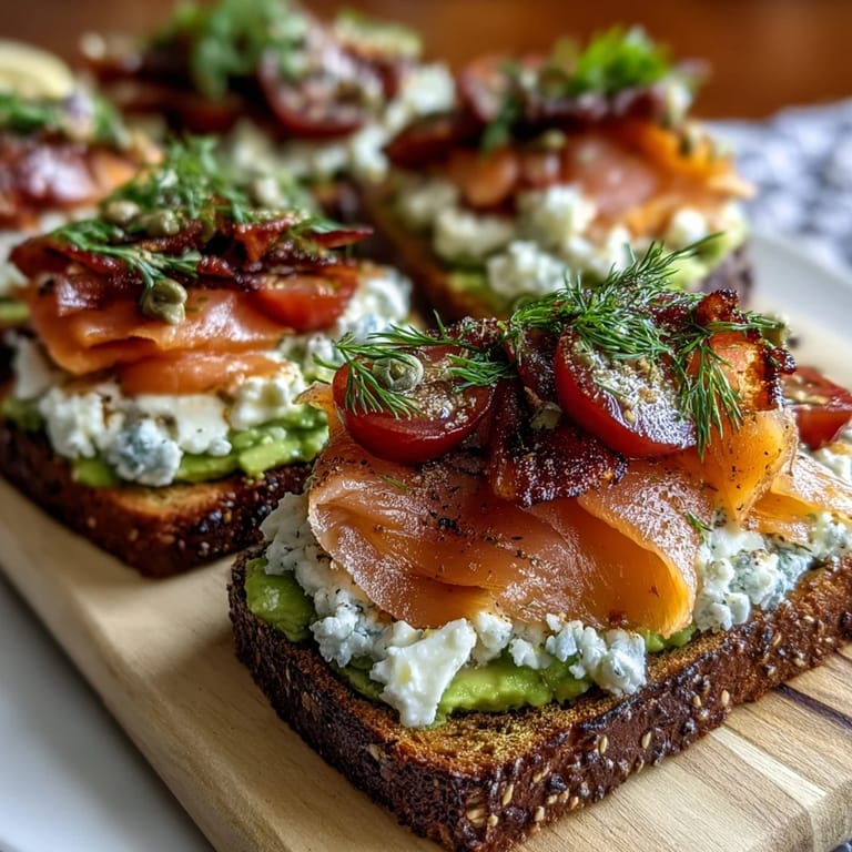 Vibrant avocado toast board with smoked salmon, capers, and cucumber slices—perfect for spring gatherings.