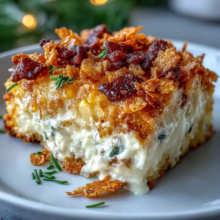 Creamy baked hash brown casserole with melted cheddar and savory onion aroma