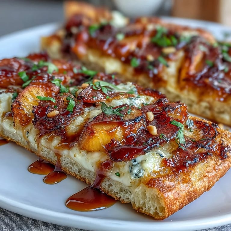 Sweet peaches and melted Brie on grilled flatbread, drizzled with BBQ sauce and fresh herbs for summer flavor.