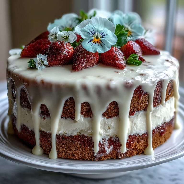 Floral Drip Cake with Strawberry Frosting - This stunning Spring Cake features three layers of vanilla sponge, creamy strawberry frosting, and a white chocolate drip, crowned with delicate edible flowers for an elegant celebration.