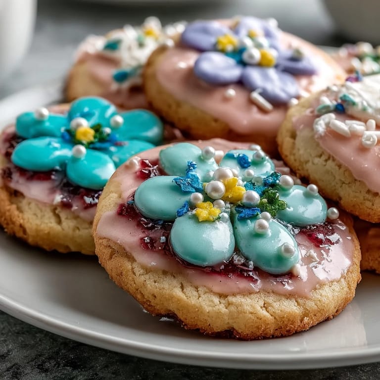 Spring flower cookies featuring intricate royal icing designs on tender shortbread, making a beautiful addition to any seasonal cookie platter.