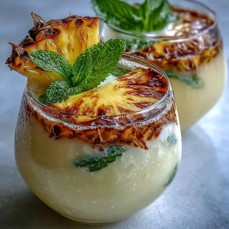 Creamy pineapple coconut agua fresca with bright citrus notes, poured over ice and garnished with lime and mint sprigs.