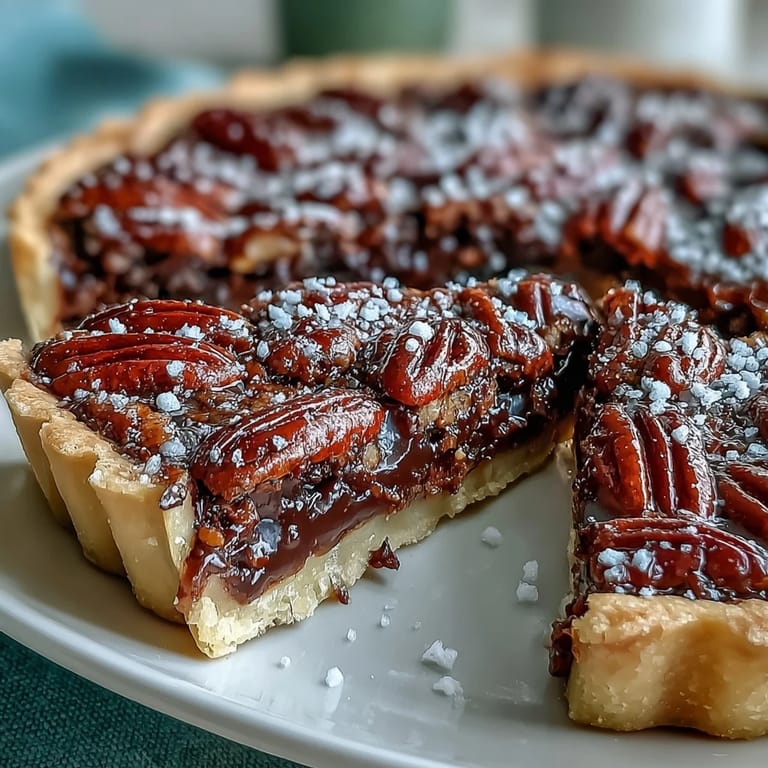 Rich chocolate bourbon pecan tart, showcasing a glossy filling and crunchy pecan topping.