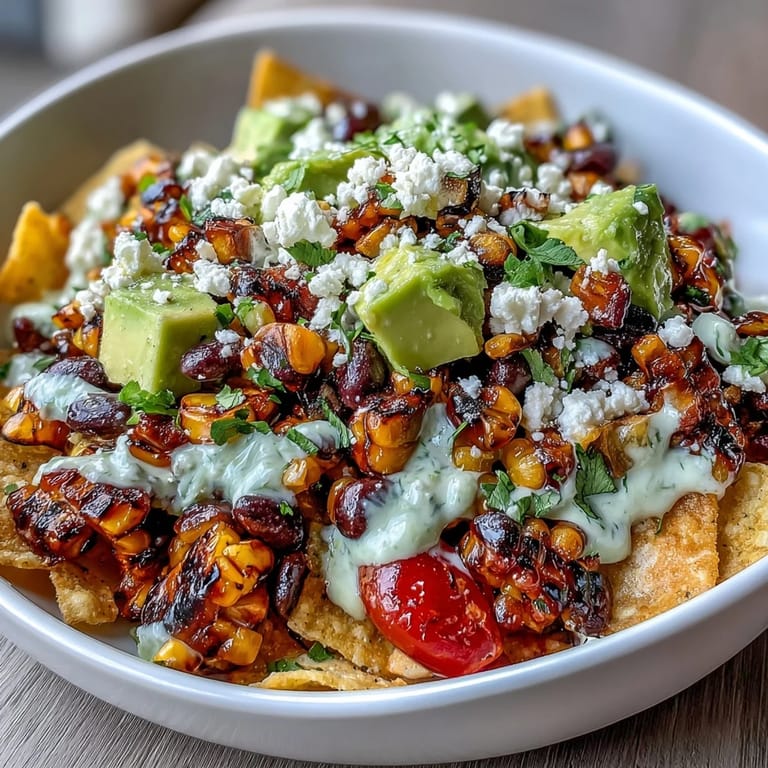 Hearty grilled corn and black bean taco salad served fresh, topped with crunchy tortilla chips.