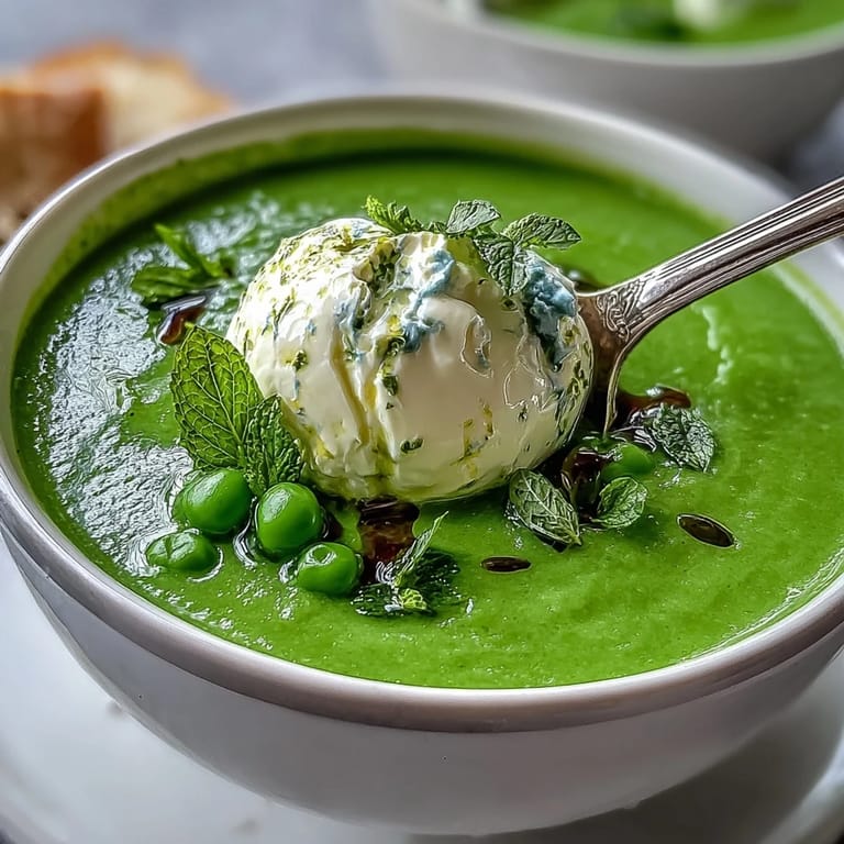 Enjoy this flavorful spring pea soup, finished with rich ricotta and mint oil.