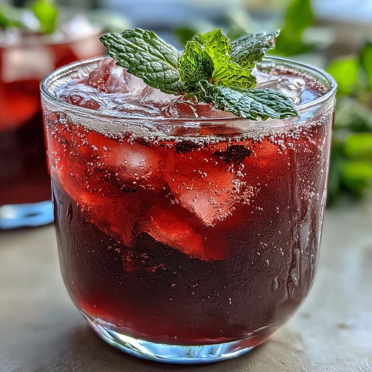 Enjoy this easy Sparkling Hibiscus Mint Lemonade Mocktail with fresh lemon slices.