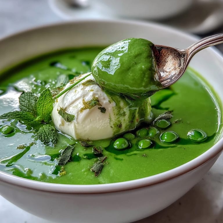 Creamy spring pea soup topped with airy ricotta and a drizzle of mint oil.