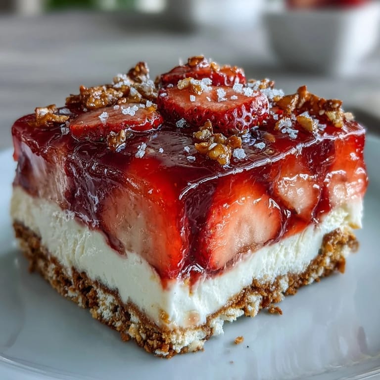 Sweet and salty Memorial Day Strawberry Pretzel Salad Dessert, a chilled, layered treat with vibrant fruit.