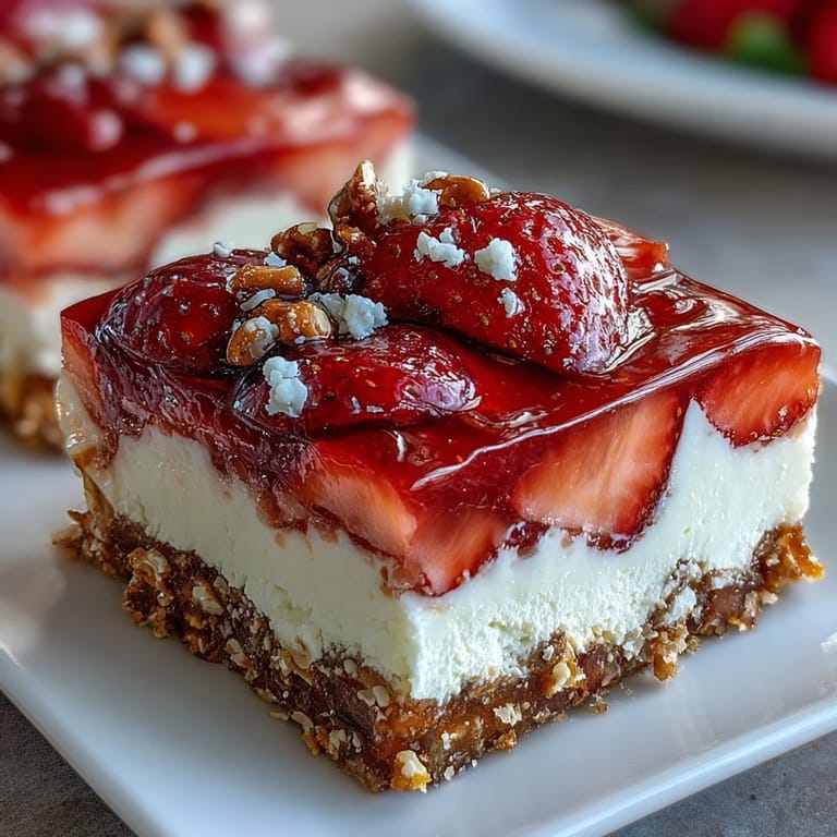 Creamy, vibrant Memorial Day Strawberry Pretzel Salad Dessert perfect for your next summer potluck.