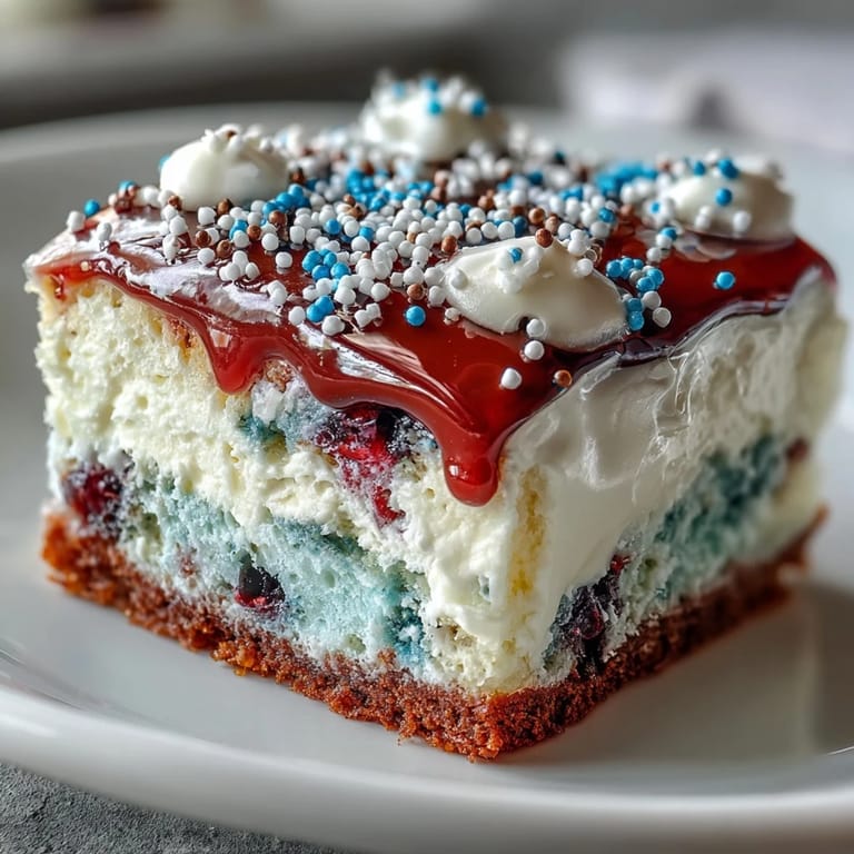 Festive red and blue gelatin swirls within a fluffy Patriotic Poke Cake.