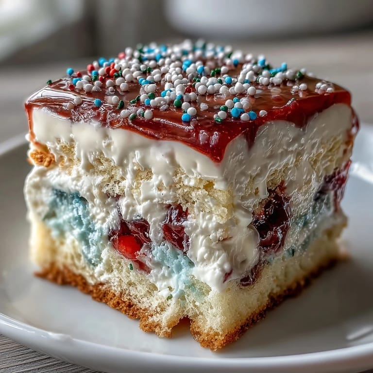 Sweet, creamy Patriotic Poke Cake topped with fluffy whipped cream and sprinkles.