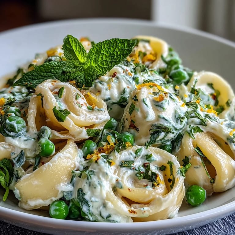 Close-up of lemon ricotta pasta with peas and mint, ready to be served.