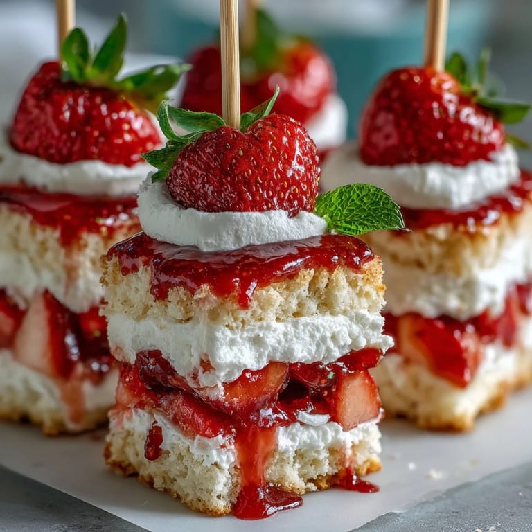 Visually appealing mini strawberry shortcake bites, perfect for a festive summer dessert.