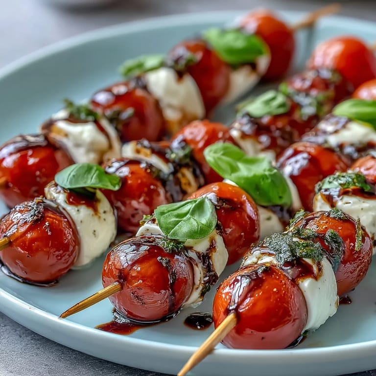 Colorful mini Caprese salad skewers glistening under a sweet balsamic glaze.