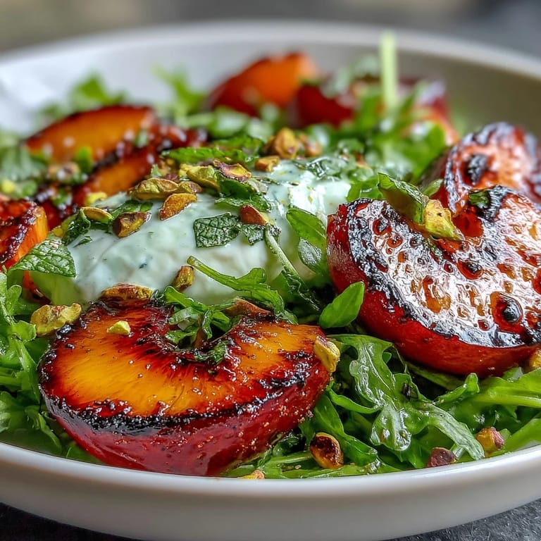 Vibrant Grilled Peach and Burrata Salad, drizzled with honey, perfect summer side dish.