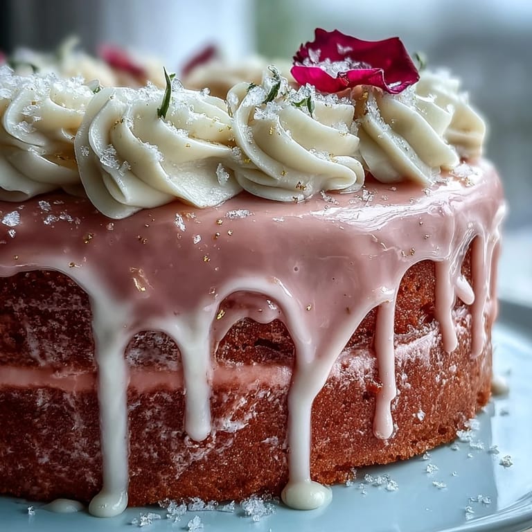 Sweet and decadent Bridal Shower Rosé Velvet Cake adorned with edible gold.