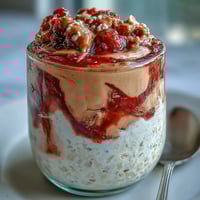 Creamy peanut butter and jelly overnight oats topped with a vibrant strawberry jam swirl in a glass jar.