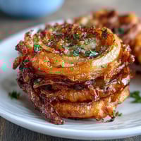 Crispy air fryer onion bhajis with golden edges, packed with Indian spices and fresh cilantro.  